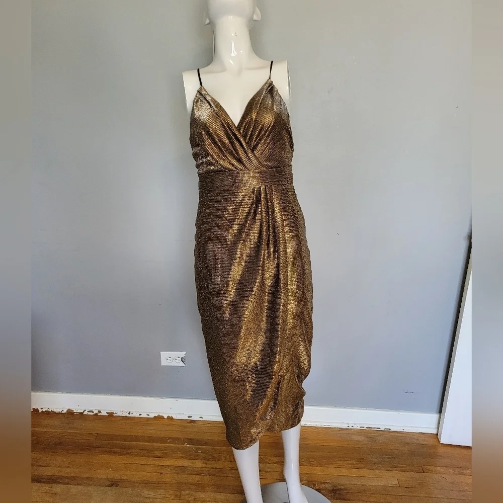 Urban Outfitters Ecote Solid Gold Metallic Tulle Mini Dress, VGUC, Size 2 - Picture 2 of 7